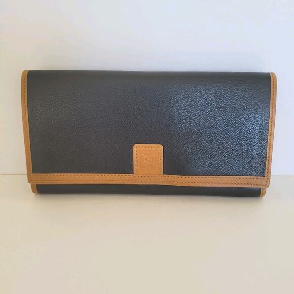Celine Vintage Leather Large Wallet Tan Black Long Logo Designer Envelope - Picture 1 of 8